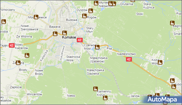 mapa Górny Młyn gmina Końskie, Górny Młyn gmina Końskie na mapie Targeo