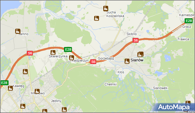 mapa Gorzebądz gmina Sianów, Gorzebądz gmina Sianów na mapie Targeo