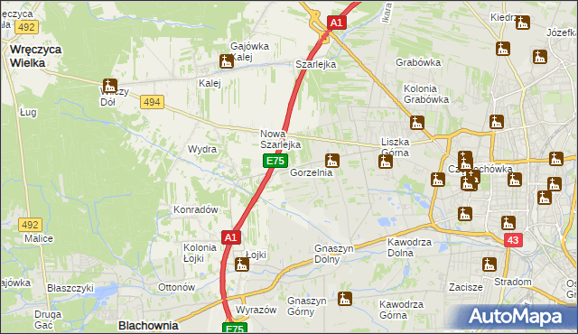 mapa Gorzelnia gmina Blachownia, Gorzelnia gmina Blachownia na mapie Targeo