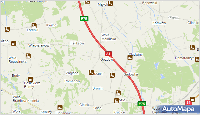 mapa Gozdów gmina Stryków, Gozdów gmina Stryków na mapie Targeo