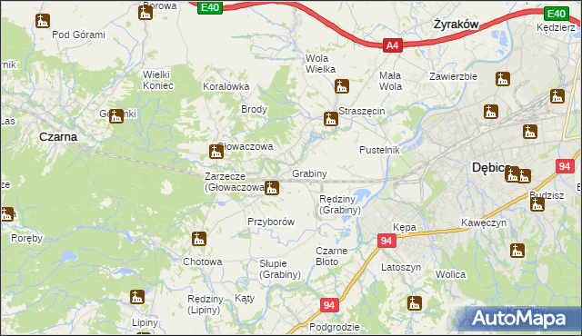 mapa Grabiny gmina Czarna, Grabiny gmina Czarna na mapie Targeo