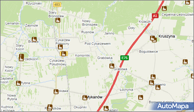 mapa Grabówka gmina Mykanów, Grabówka gmina Mykanów na mapie Targeo