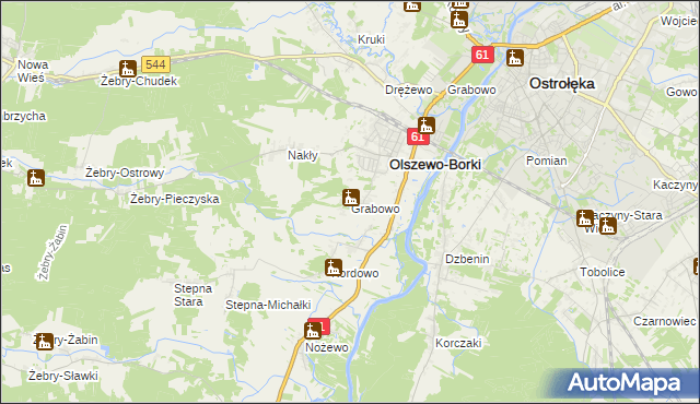 mapa Grabowo gmina Olszewo-Borki, Grabowo gmina Olszewo-Borki na mapie Targeo