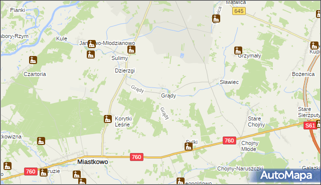 mapa Grądy gmina Nowogród, Grądy gmina Nowogród na mapie Targeo