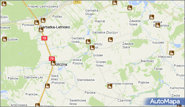 mapa Gródek gmina Policzna, Gródek gmina Policzna na mapie Targeo