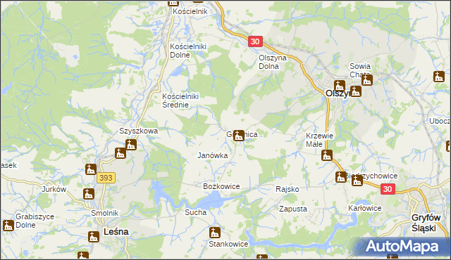 mapa Grodnica gmina Olszyna, Grodnica gmina Olszyna na mapie Targeo