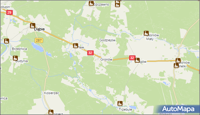 mapa Gronów gmina Dąbie, Gronów gmina Dąbie na mapie Targeo