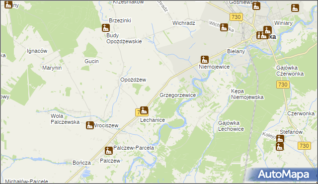 mapa Grzegorzewice gmina Warka, Grzegorzewice gmina Warka na mapie Targeo