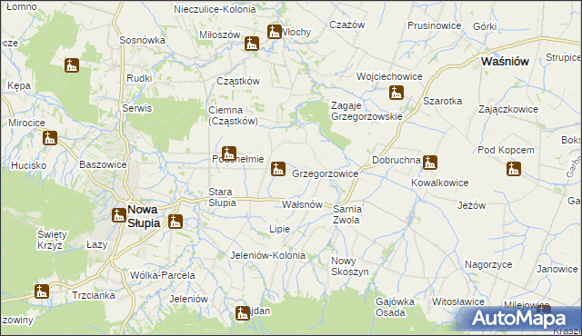mapa Grzegorzowice gmina Waśniów, Grzegorzowice gmina Waśniów na mapie Targeo