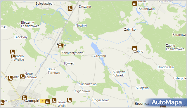 mapa Grzybno gmina Brodnica, Grzybno gmina Brodnica na mapie Targeo