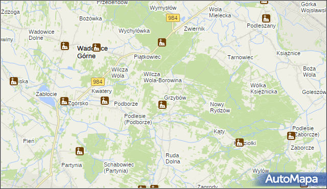 mapa Grzybów gmina Wadowice Górne, Grzybów gmina Wadowice Górne na mapie Targeo