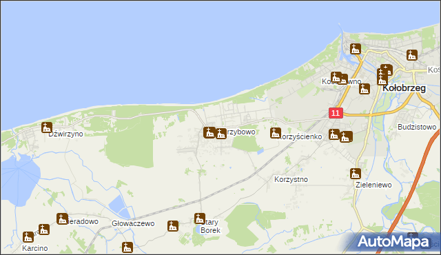 mapa Grzybowo gmina Kołobrzeg, Grzybowo gmina Kołobrzeg na mapie Targeo