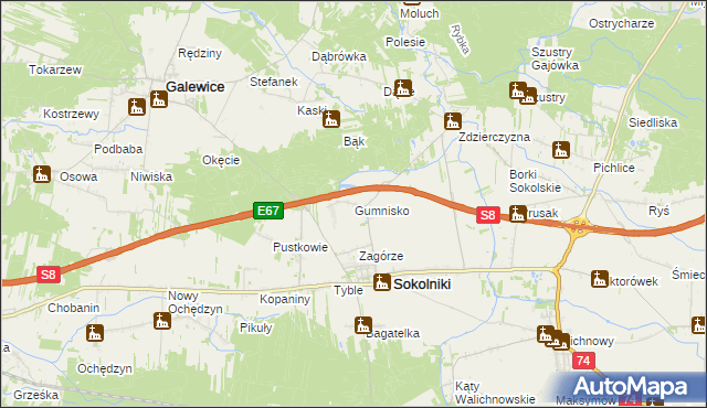 mapa Gumnisko gmina Sokolniki, Gumnisko gmina Sokolniki na mapie Targeo