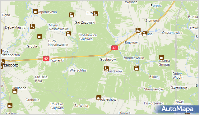 mapa Gustawów gmina Przedbórz, Gustawów gmina Przedbórz na mapie Targeo