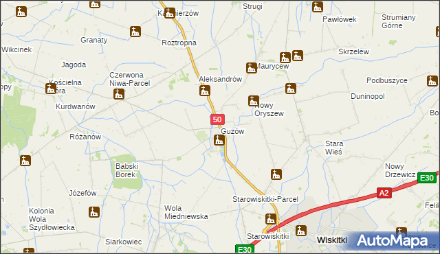 mapa Guzów gmina Wiskitki, Guzów gmina Wiskitki na mapie Targeo