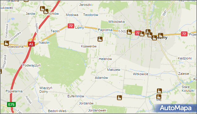 mapa Helenów gmina Brzeziny, Helenów gmina Brzeziny na mapie Targeo