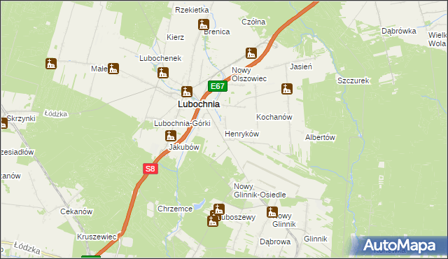 mapa Henryków gmina Lubochnia, Henryków gmina Lubochnia na mapie Targeo