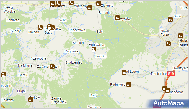 mapa Hucisko gmina Głogów Małopolski, Hucisko gmina Głogów Małopolski na mapie Targeo