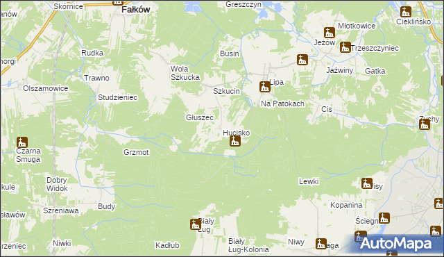 mapa Hucisko gmina Ruda Maleniecka, Hucisko gmina Ruda Maleniecka na mapie Targeo