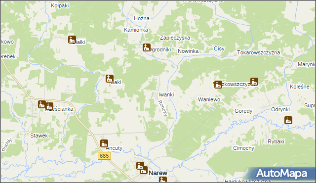 mapa Iwanki gmina Narew, Iwanki gmina Narew na mapie Targeo