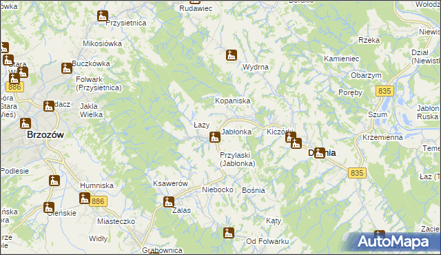 mapa Jabłonka gmina Dydnia, Jabłonka gmina Dydnia na mapie Targeo