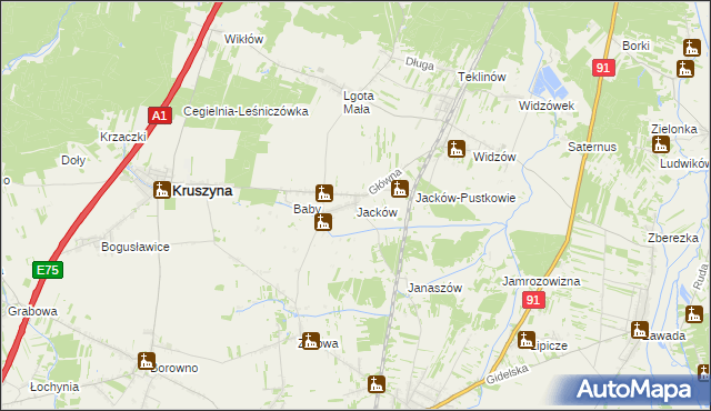 mapa Jacków gmina Kruszyna, Jacków gmina Kruszyna na mapie Targeo