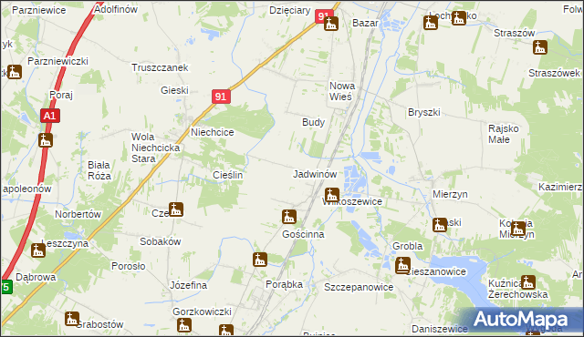 mapa Jadwinów gmina Gorzkowice, Jadwinów gmina Gorzkowice na mapie Targeo