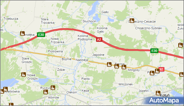 mapa Jagodne gmina Kotuń, Jagodne gmina Kotuń na mapie Targeo