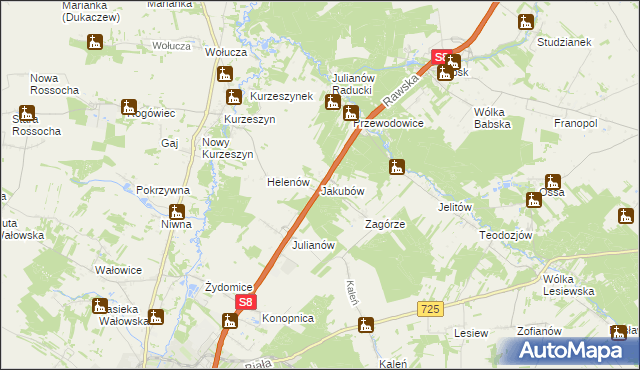 mapa Jakubów gmina Rawa Mazowiecka, Jakubów gmina Rawa Mazowiecka na mapie Targeo