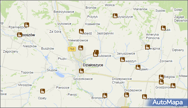 mapa Jakubowice gmina Działoszyce, Jakubowice gmina Działoszyce na mapie Targeo