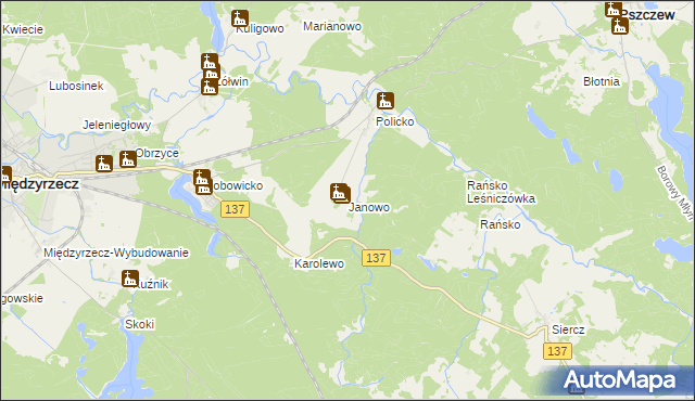 mapa Janowo gmina Pszczew, Janowo gmina Pszczew na mapie Targeo