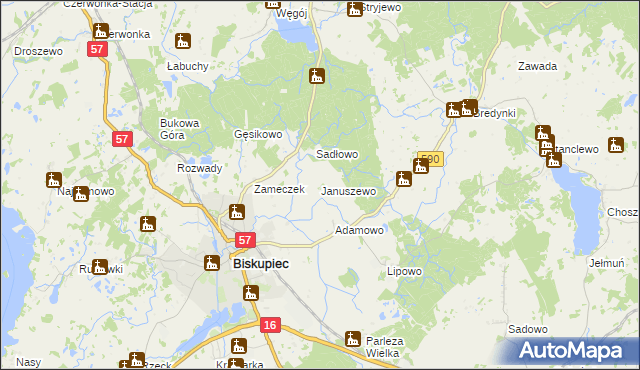 mapa Januszewo gmina Biskupiec, Januszewo gmina Biskupiec na mapie Targeo