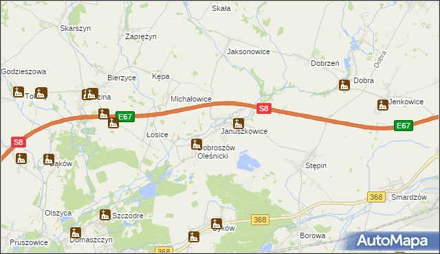 mapa Januszkowice gmina Długołęka, Januszkowice gmina Długołęka na mapie Targeo