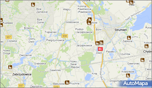mapa Jarząbkowice gmina Pawłowice, Jarząbkowice gmina Pawłowice na mapie Targeo