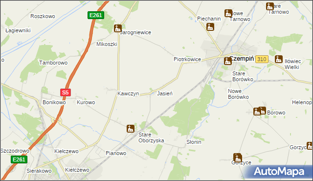 mapa Jasień gmina Czempiń, Jasień gmina Czempiń na mapie Targeo