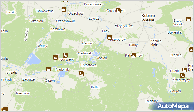 mapa Jasień gmina Kobiele Wielkie, Jasień gmina Kobiele Wielkie na mapie Targeo