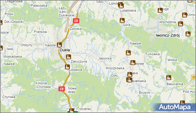 mapa Jasionka gmina Dukla, Jasionka gmina Dukla na mapie Targeo