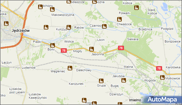 mapa Jasionna gmina Jędrzejów, Jasionna gmina Jędrzejów na mapie Targeo