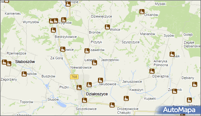 mapa Jastrzębniki gmina Działoszyce, Jastrzębniki gmina Działoszyce na mapie Targeo