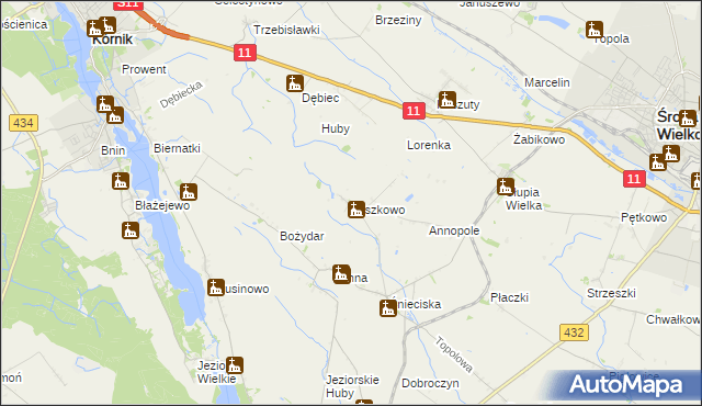 mapa Jaszkowo gmina Zaniemyśl, Jaszkowo gmina Zaniemyśl na mapie Targeo