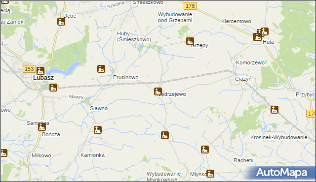 mapa Jędrzejewo gmina Lubasz, Jędrzejewo gmina Lubasz na mapie Targeo