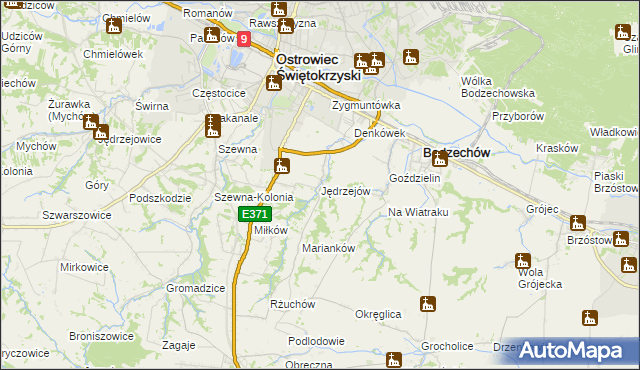 mapa Jędrzejów gmina Bodzechów, Jędrzejów gmina Bodzechów na mapie Targeo