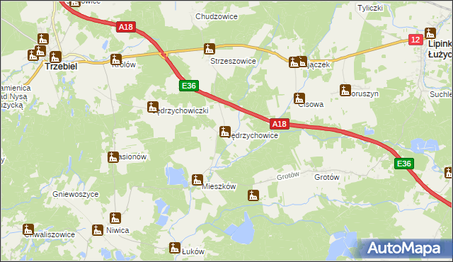 mapa Jędrzychowice gmina Trzebiel, Jędrzychowice gmina Trzebiel na mapie Targeo