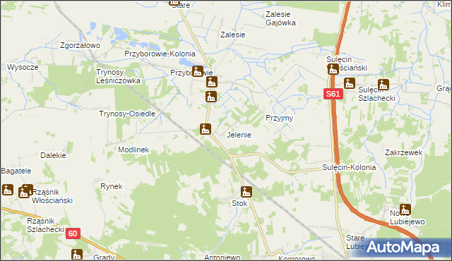 mapa Jelenie gmina Ostrów Mazowiecka, Jelenie gmina Ostrów Mazowiecka na mapie Targeo