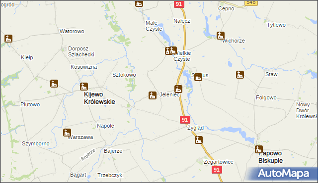 mapa Jeleniec gmina Papowo Biskupie, Jeleniec gmina Papowo Biskupie na mapie Targeo