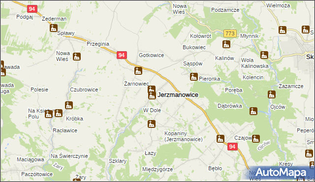 mapa Jerzmanowice gmina Jerzmanowice-Przeginia, Jerzmanowice gmina Jerzmanowice-Przeginia na mapie Targeo