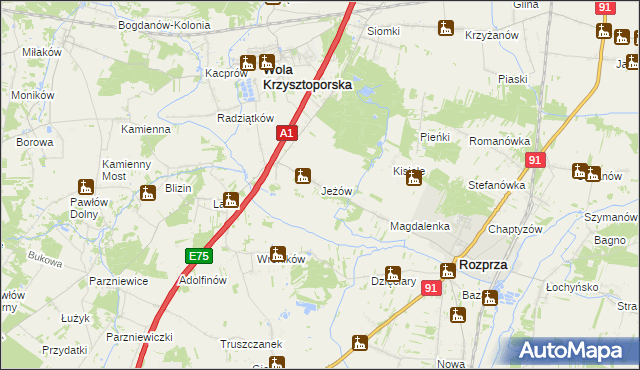 mapa Jeżów gmina Wola Krzysztoporska, Jeżów gmina Wola Krzysztoporska na mapie Targeo