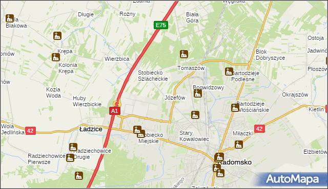 mapa Józefów gmina Ładzice, Józefów gmina Ładzice na mapie Targeo