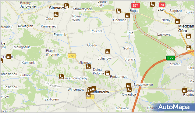 mapa Julianów gmina Piekoszów, Julianów gmina Piekoszów na mapie Targeo