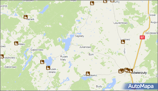 mapa Julianowo gmina Dźwierzuty, Julianowo gmina Dźwierzuty na mapie Targeo